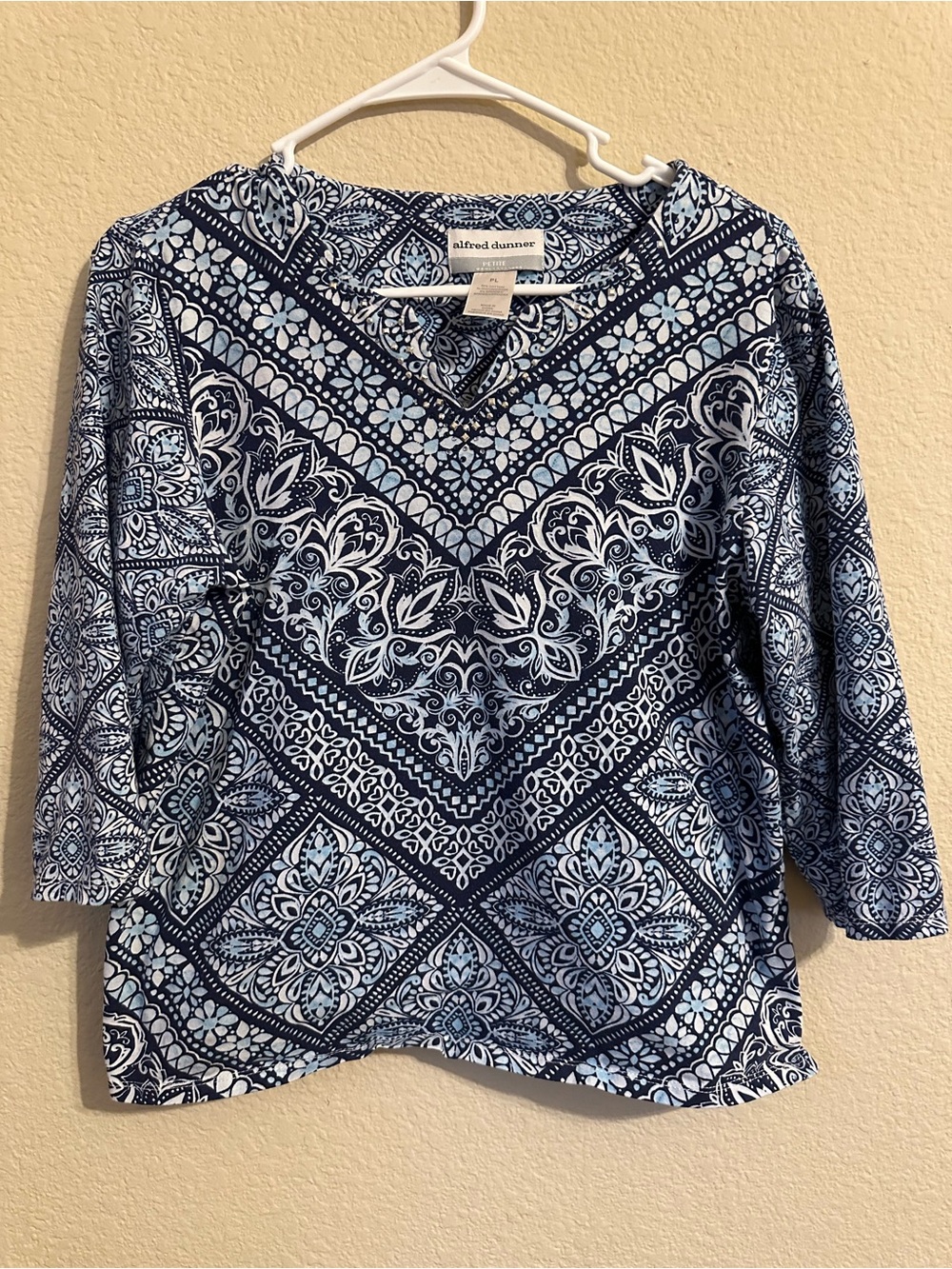 Alfred Dunner Navy and Light Blue Printed V-Neck Long Sleeve Top